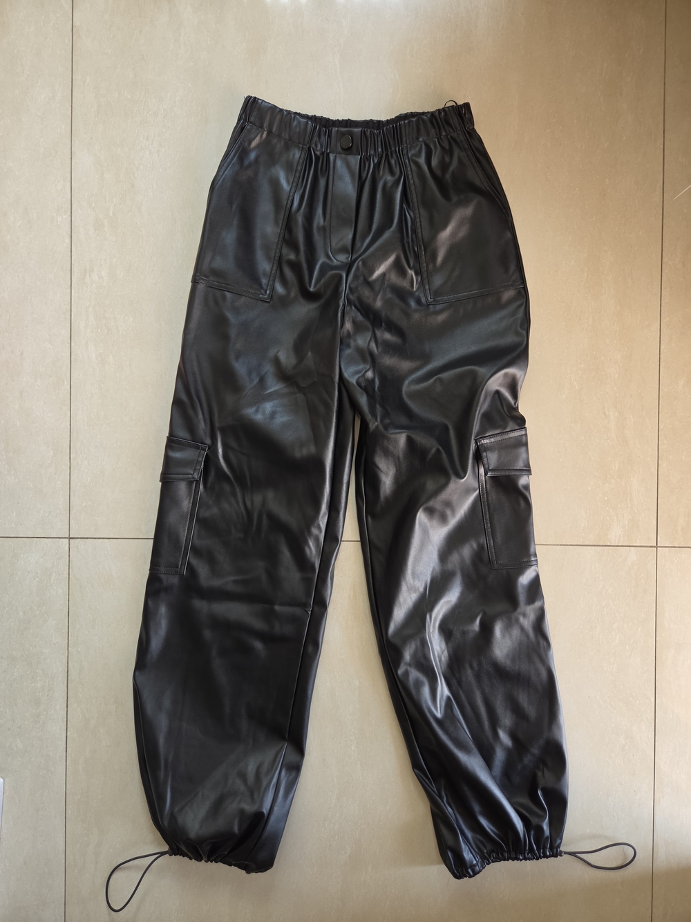 Black Faux Leather Cargo Jogger Pants